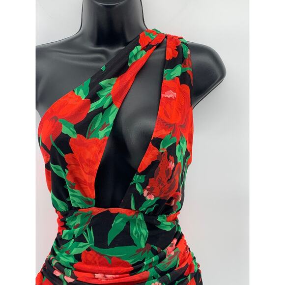 AFRM Women'S Black-Red Floral Delos One-Shoulder Cutout One-Piece Bodysuit SZ XS - Picture 6 of 10